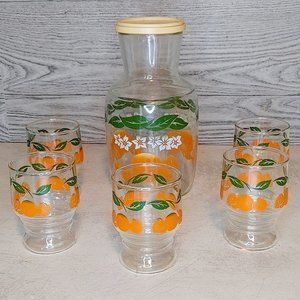Vintage Orange Juice set, juice glasses & refrigerator bottle with oranges print